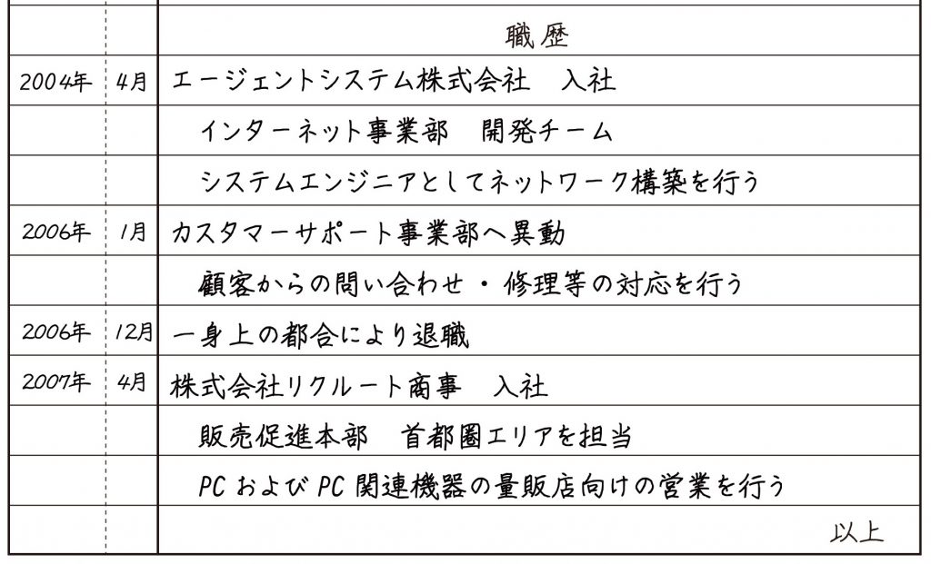 別部署に異動・転属した場合の職歴の書き方