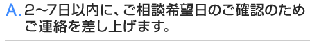 A.2~7日以内に、ご相談希望日のご確認のためご連絡を差し上げます。
