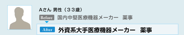 Aさん 男性（３３歳）国内中堅医療機器メーカー　薬事→外資系大手医療機器メーカー　薬事