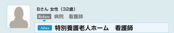Bさん 女性（32歳）病院　看護師→特別養護老人ホーム　看護師