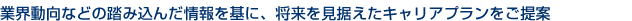 業界動向などの踏み込んだ情報を基に、将来を見据えたキャリアプランをご提案